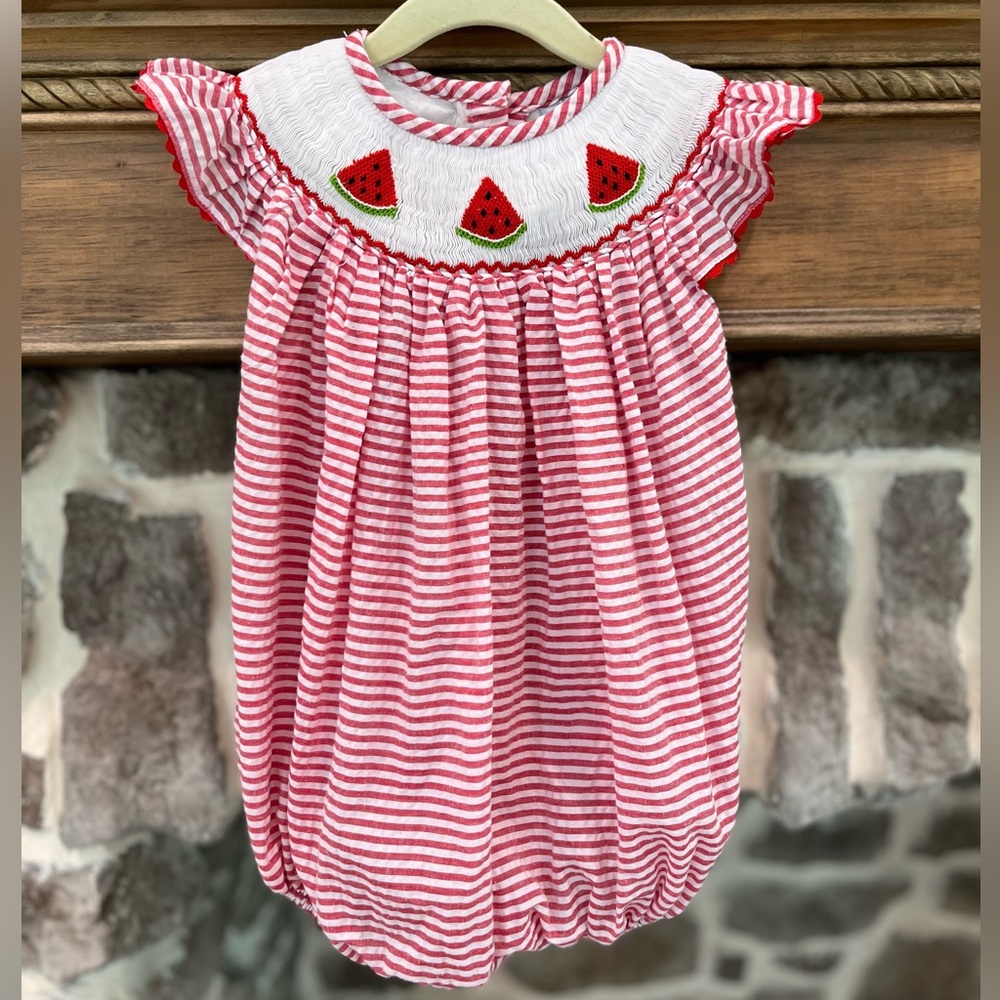 Watermelon smocked seersucker bubble size 3t